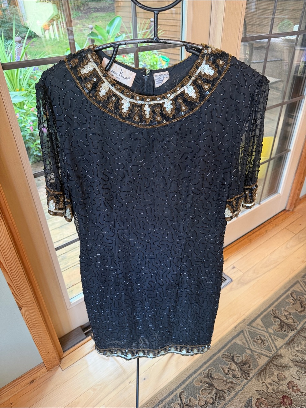 Laurence Kazar New York Vintage Black Beaded Event Dress w Gold & White Accents
